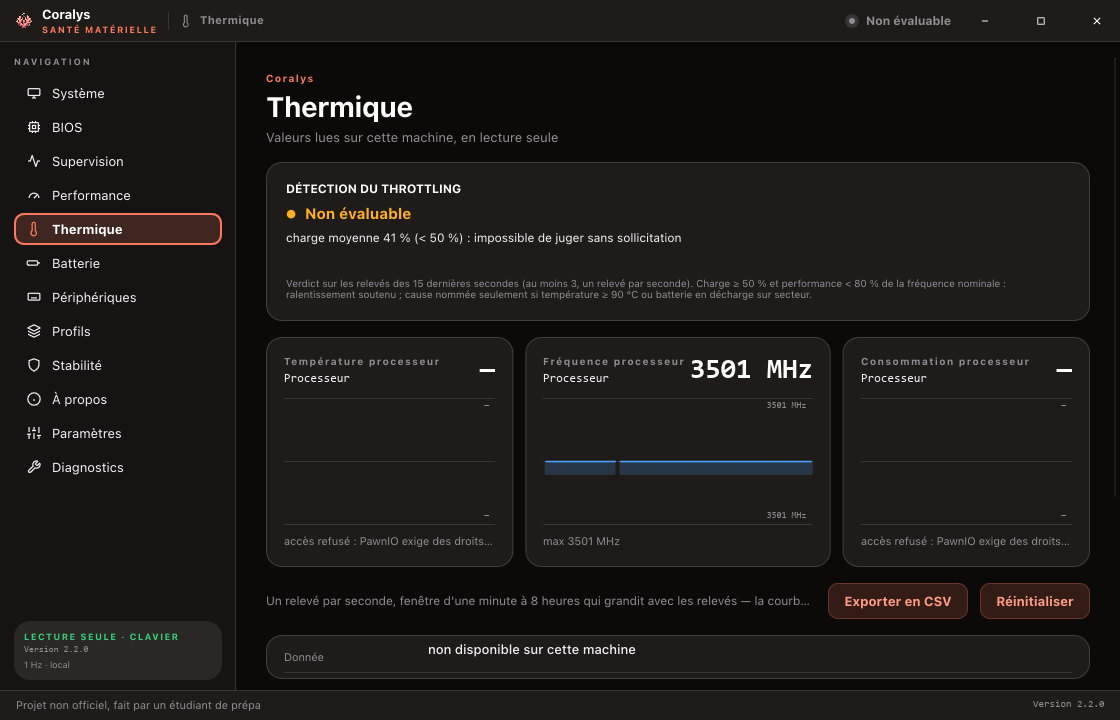 Page Thermique de Coralys : courbes de température, fréquence et consommation relevées chaque seconde